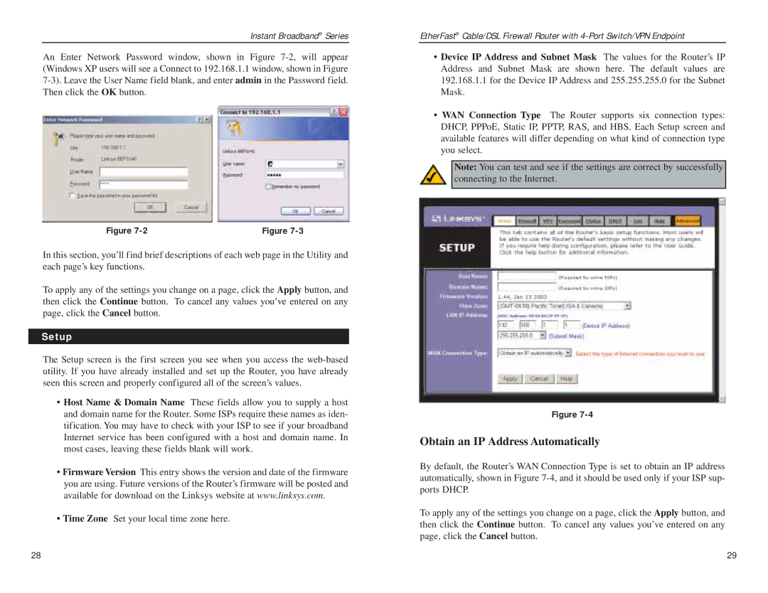 Linksys BEFSX41 manual Obtain an IP Address Automatically, Setup 