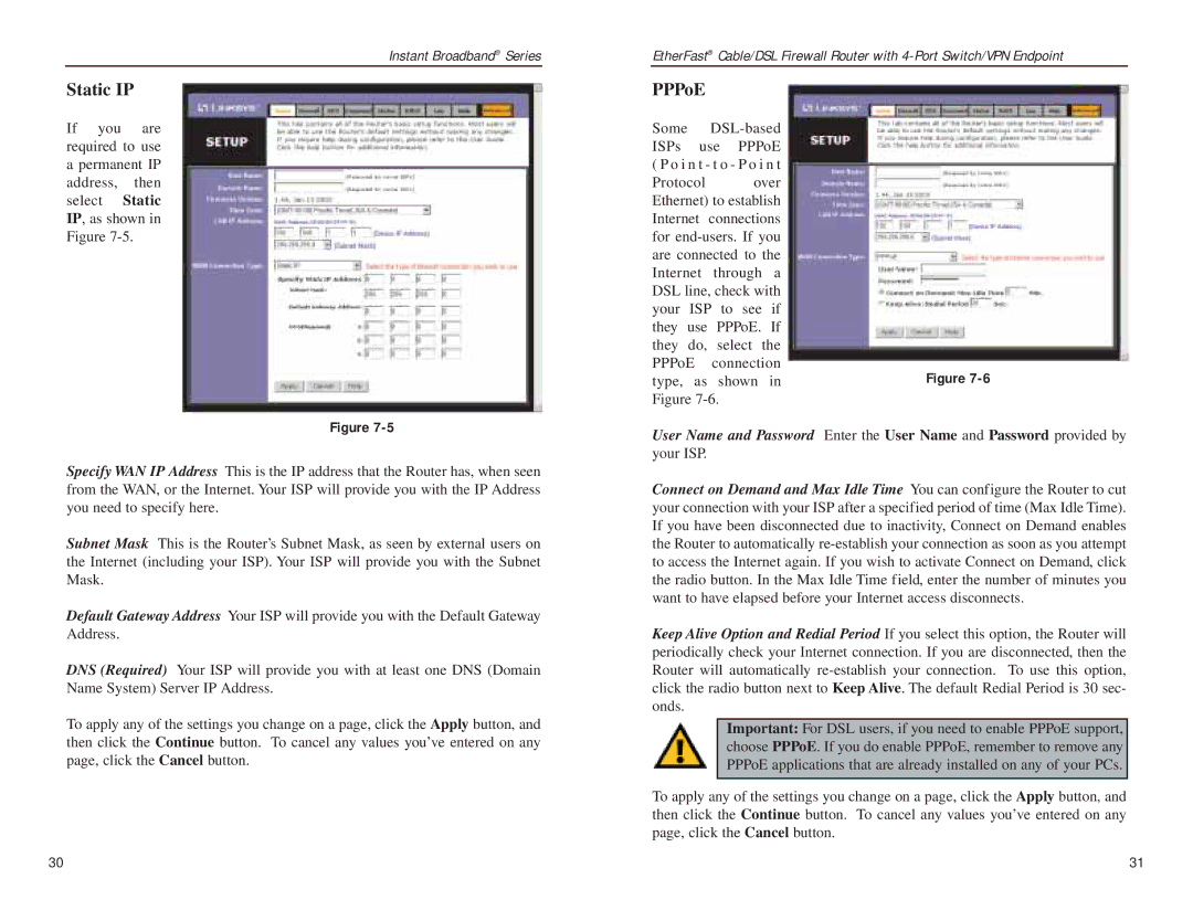 Linksys BEFSX41 manual Static IP, User Name and Password 