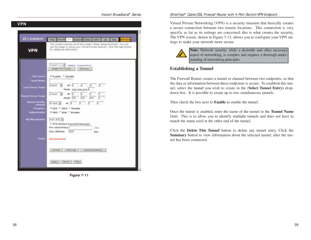 Linksys BEFSX41 manual Establishing a Tunnel, Vpn 