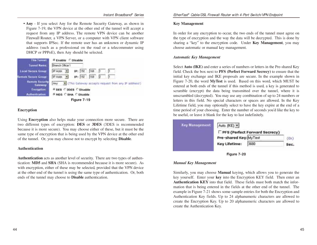 Linksys BEFSX41 manual Encryption, Authentication, Key Management 