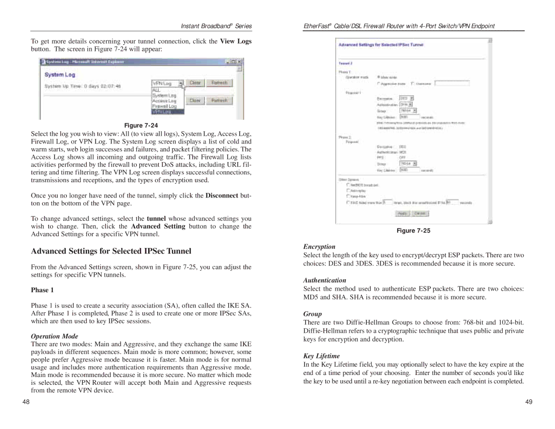 Linksys BEFSX41 manual Advanced Settings for Selected IPSec Tunnel, Phase 