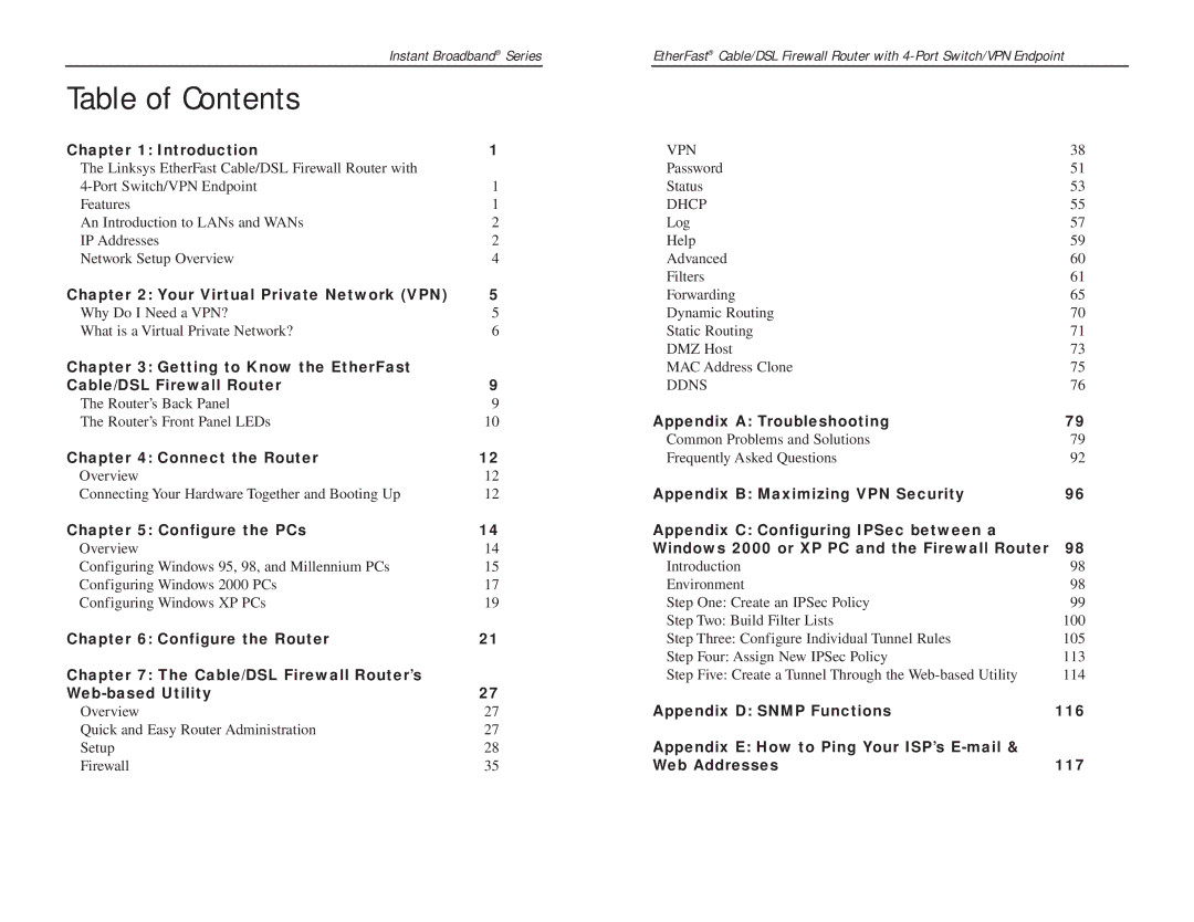 Linksys BEFSX41 manual Table of Contents 