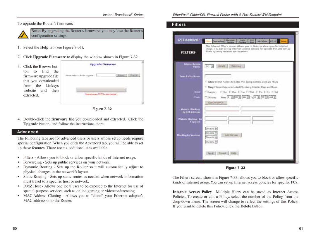 Linksys BEFSX41 manual Advanced, Filters 