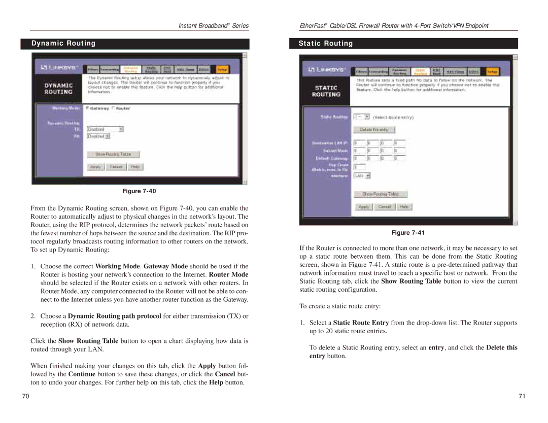 Linksys BEFSX41 manual Dynamic Routing, Static Routing 