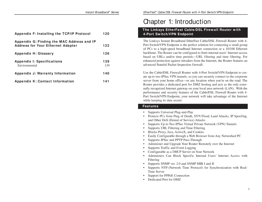 Linksys BEFSX41 manual Introduction, Environmental 139, Features 