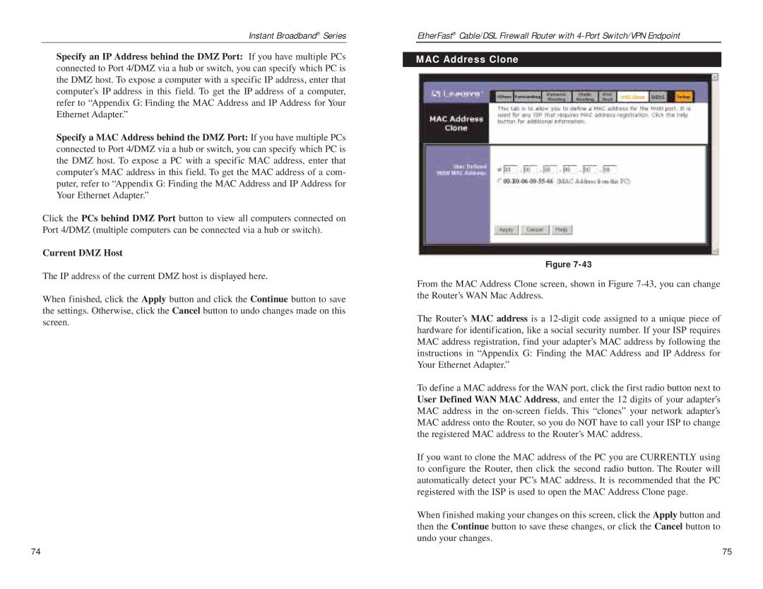 Linksys BEFSX41 manual Current DMZ Host, MAC Address Clone 