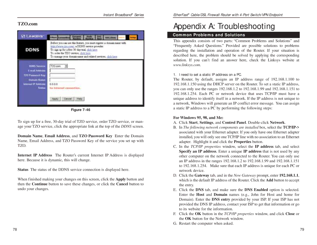 Linksys BEFSX41 manual Appendix a Troubleshooting, TZO.com, Common Problems and Solutions 