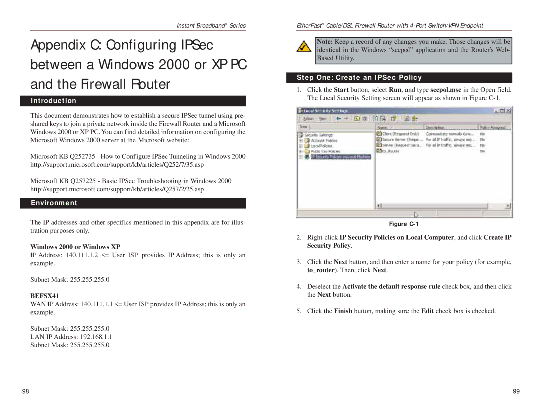 Linksys BEFSX41 manual Introduction, Environment, Windows 2000 or Windows XP, Step One Create an IPSec Policy 