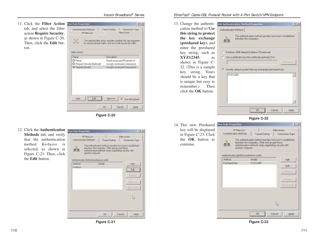 Linksys BEFSX41 manual Action Require Security This string to protect, Key Exchange, Preshared key, XYZ12345 