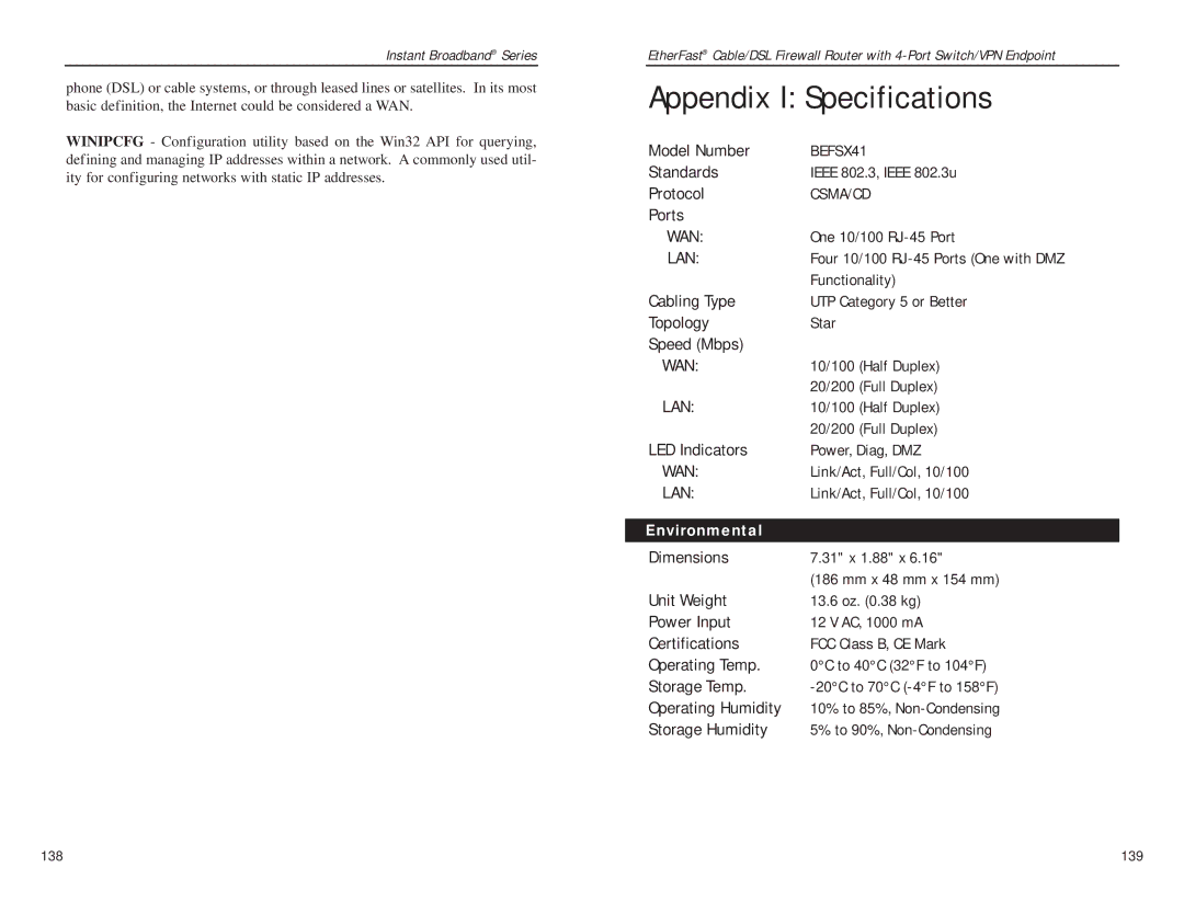 Linksys BEFSX41 manual Appendix I Specifications, Environmental 