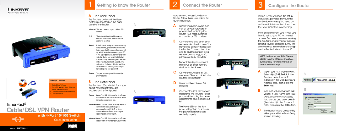 Linksys BEFVP41 V2 manual Getting to know the Router, Connect the Router, Configure the Router, Back Panel, Front Panel 