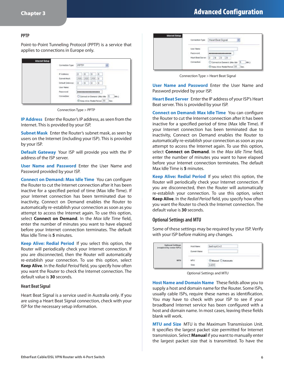 Linksys BEFVP41 manual Optional Settings and MTU, Heart Beat Signal 