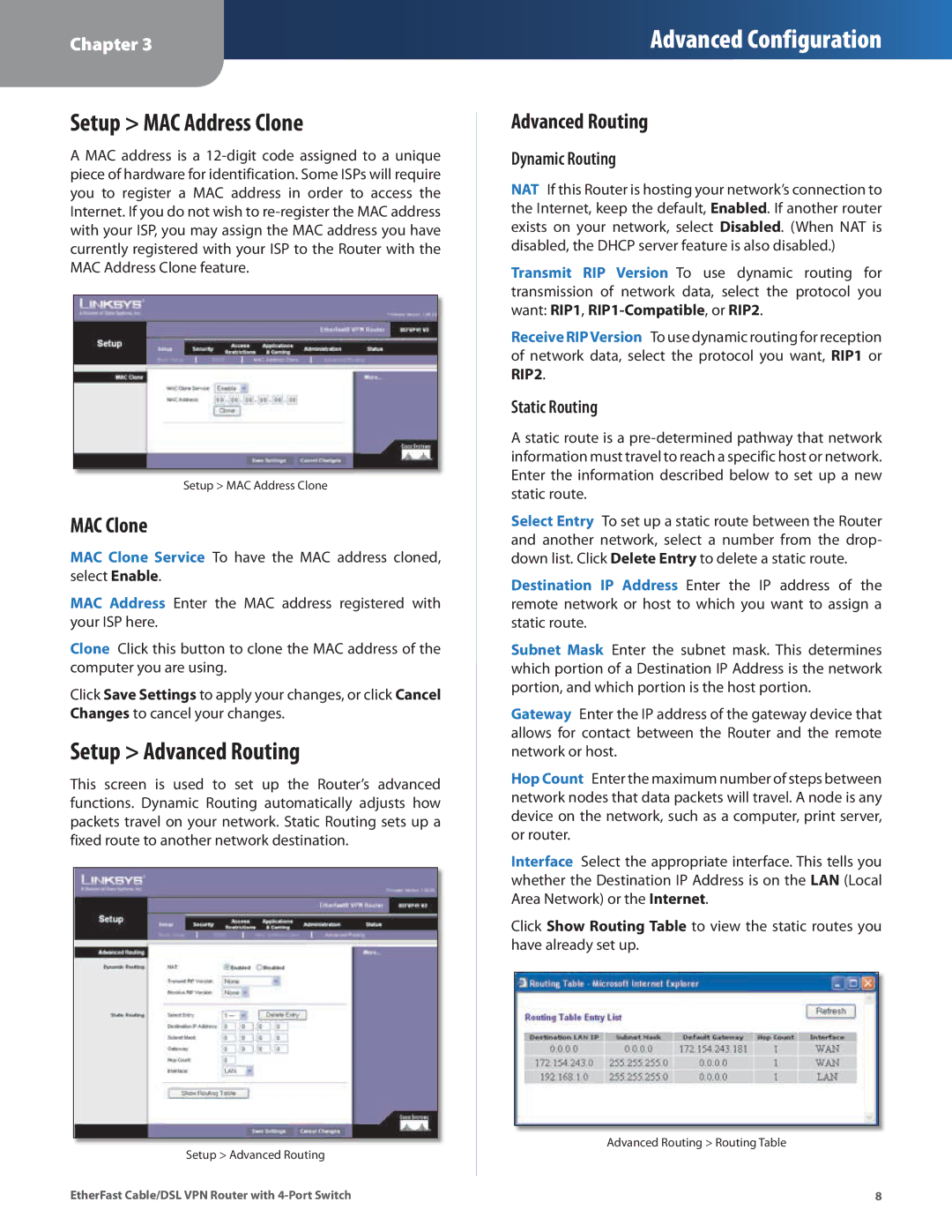 Linksys BEFVP41 manual Setup MAC Address Clone, Setup Advanced Routing, MAC Clone 