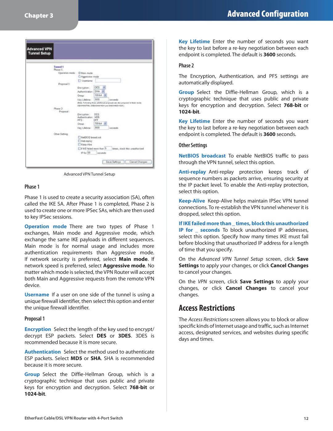 Linksys BEFVP41 manual Access Restrictions, Phase, Proposal, Other Settings 