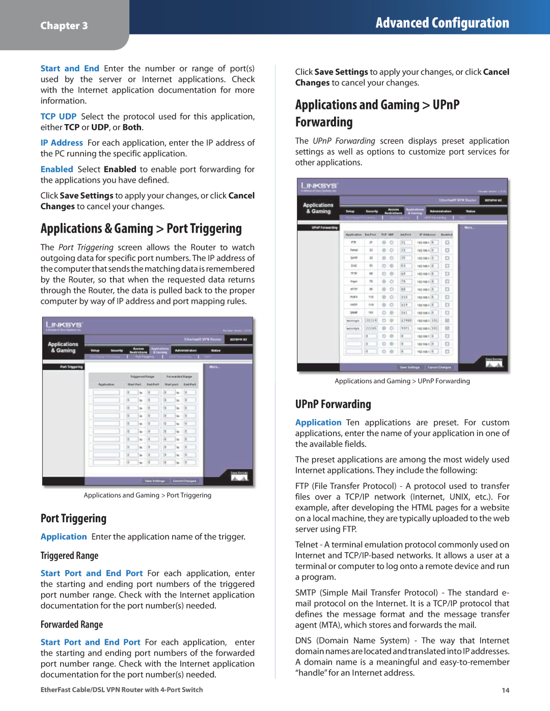 Linksys BEFVP41 manual Applications & Gaming Port Triggering, UPnP Forwarding, Triggered Range, Forwarded Range 