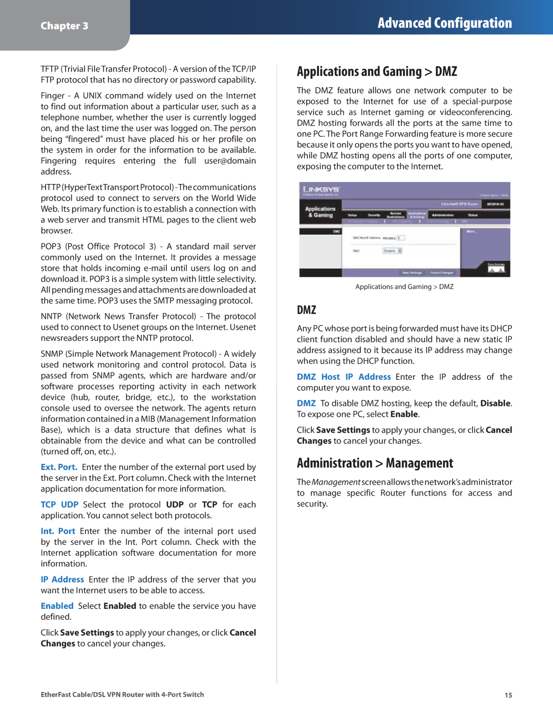 Linksys BEFVP41 manual Applications and Gaming DMZ, Administration Management 