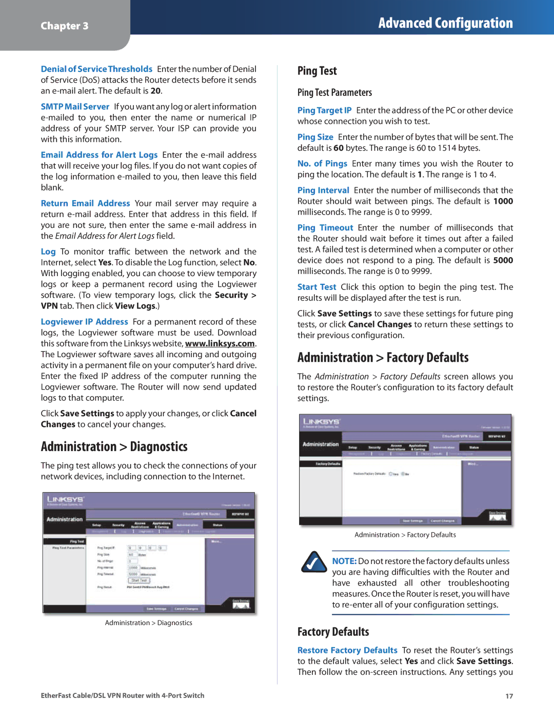 Linksys BEFVP41 manual Administration Diagnostics, Administration Factory Defaults, Ping Test Parameters 