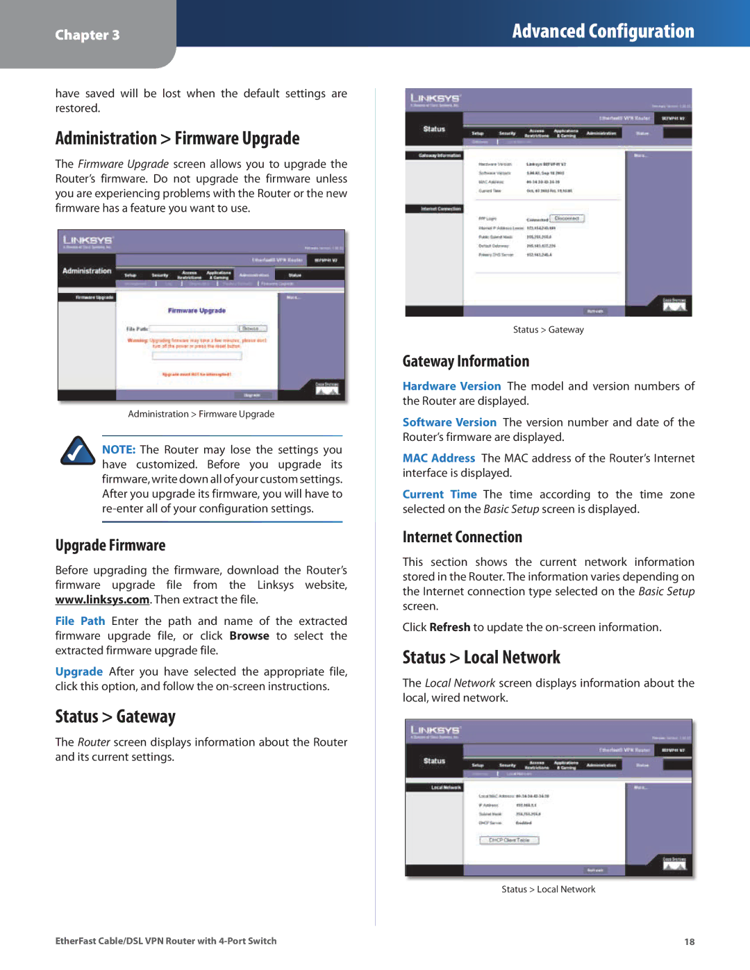 Linksys BEFVP41 manual Administration Firmware Upgrade, Status Gateway, Status Local Network 