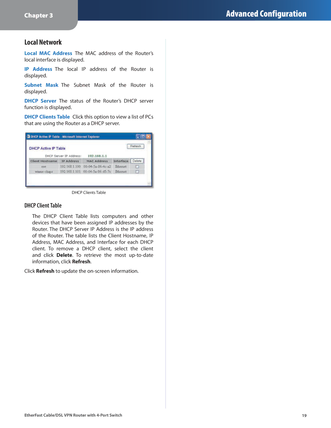 Linksys BEFVP41 manual Local Network, Dhcp Client Table 