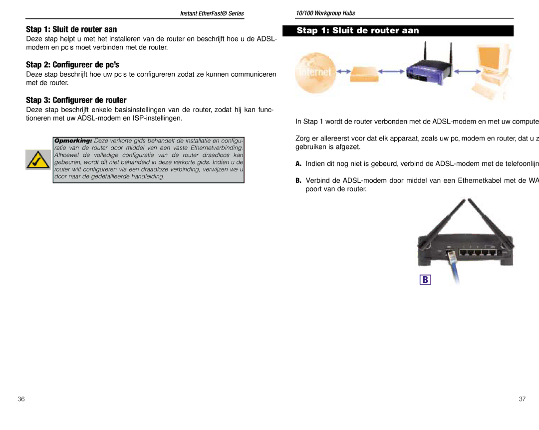 Linksys BEFW11S4 ver. 3 manual Stap 1 Sluit de router aan 