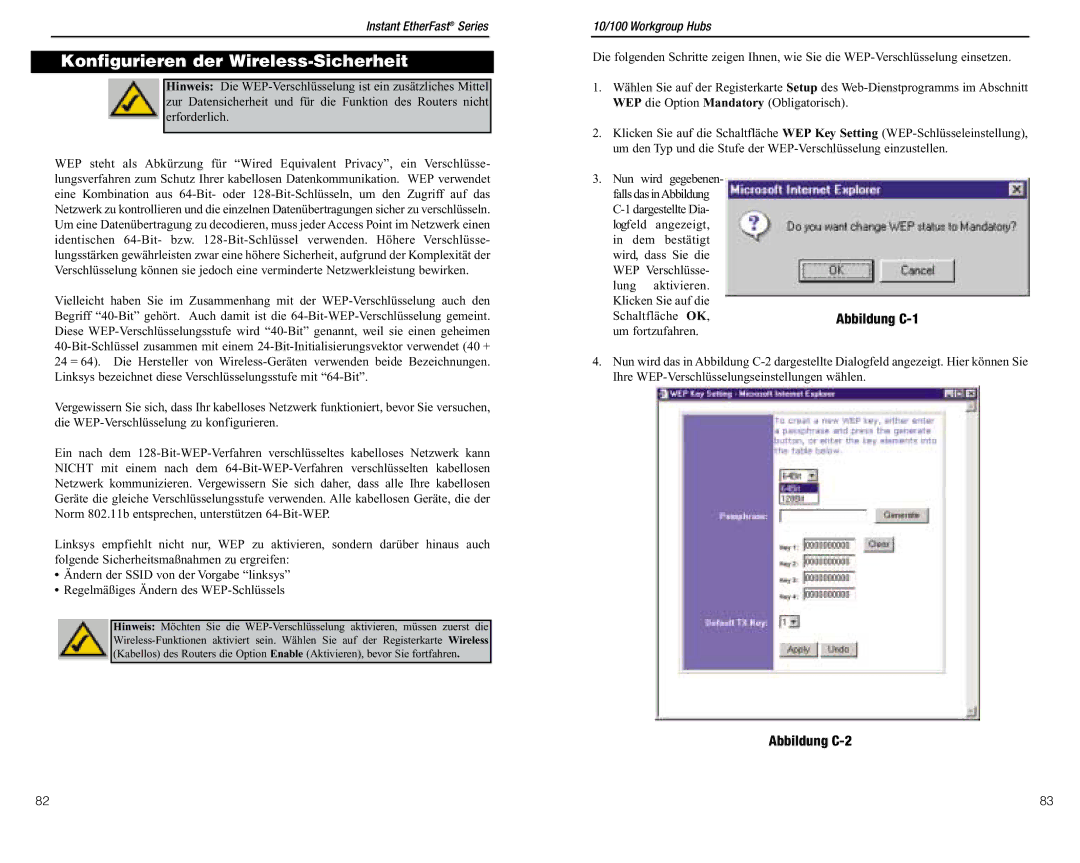 Linksys BEFW11S4 ver. 3 manual Konfigurieren der Wireless-Sicherheit, Abbildung C-2, Abbildung C-1 