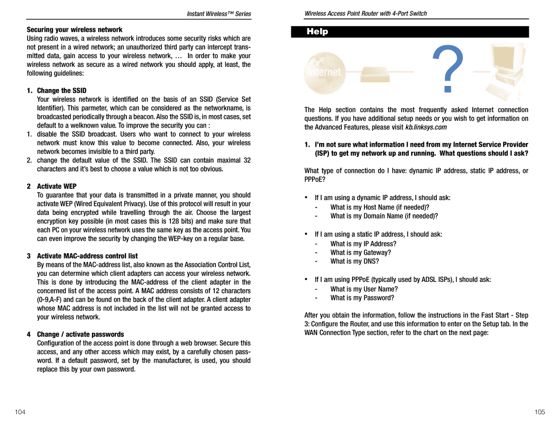 Linksys BEFW11S4 ver. 3 manual Activate WEP, Activate MAC-address control list, Change / activate passwords, 105 