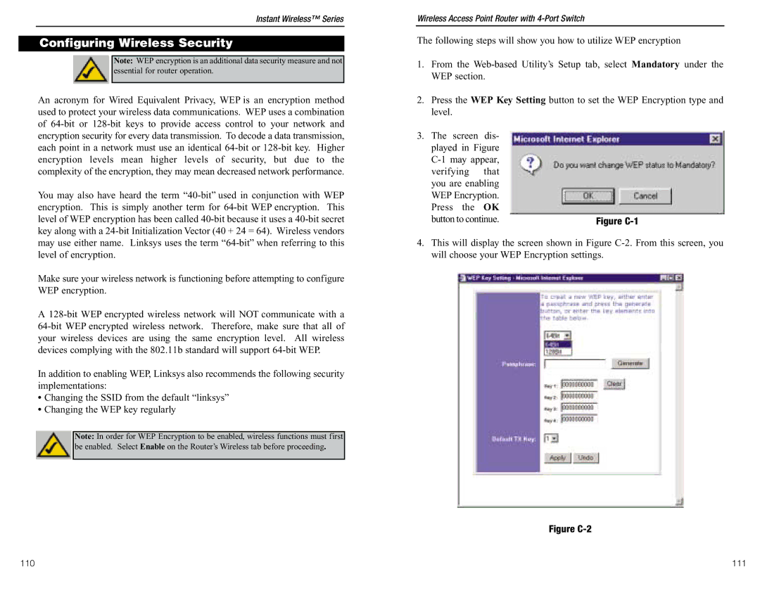 Linksys BEFW11S4 ver. 3 manual Configuring Wireless Security, 111 