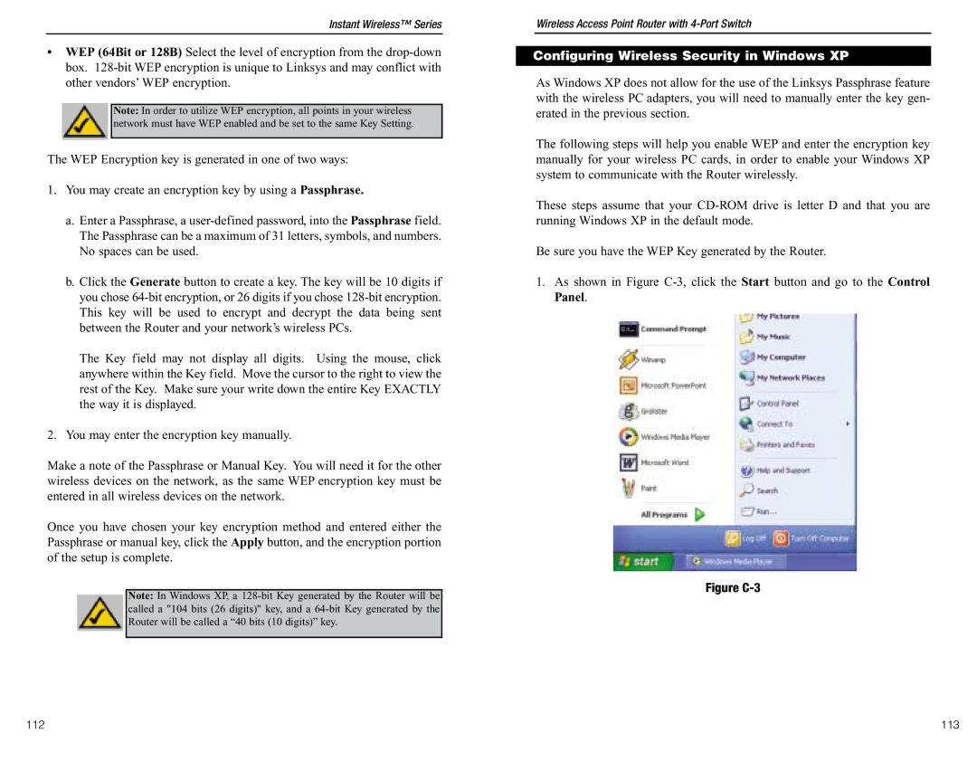Linksys BEFW11S4 ver. 3 manual Configuring Wireless Security in Windows XP, 113 