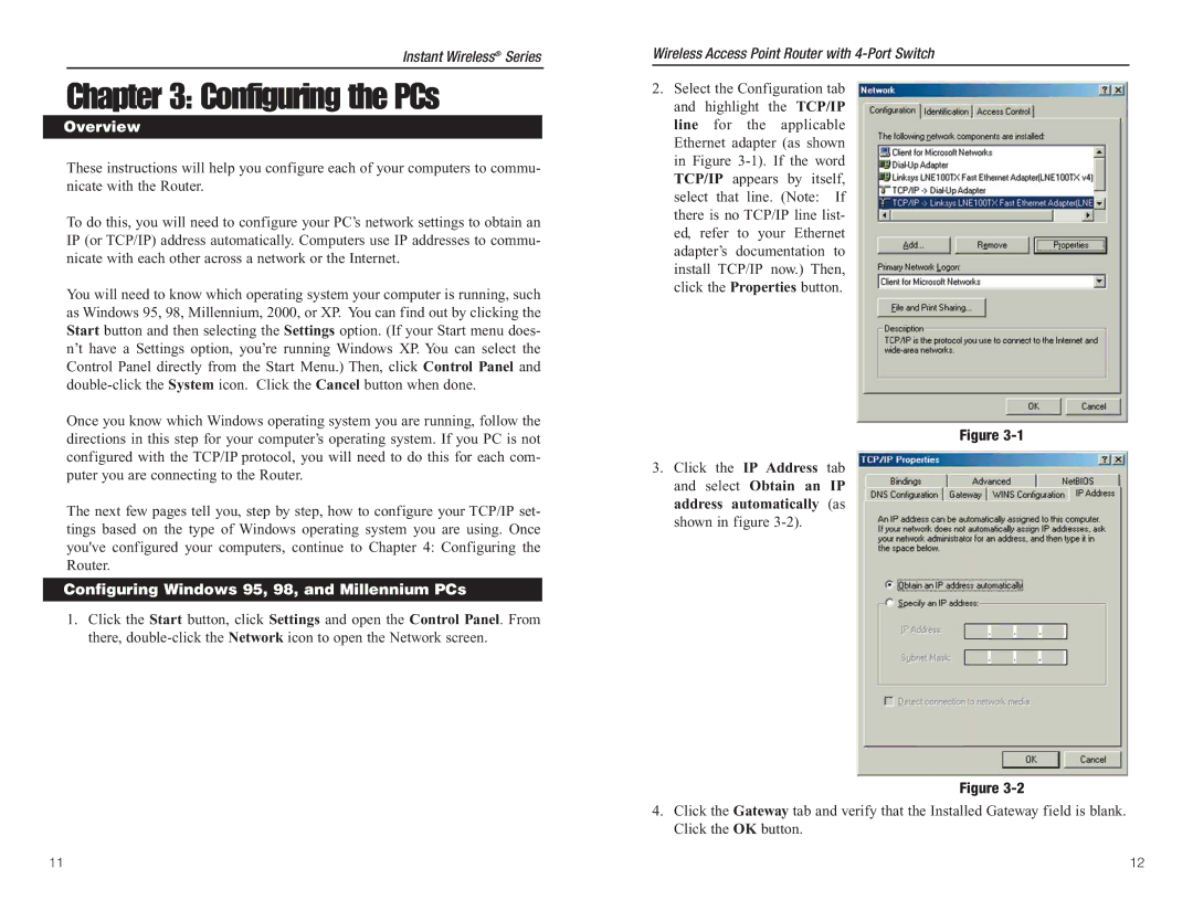 Linksys BEFW11S4 manual Configuring the PCs, Overview, Configuring Windows 95, 98, and Millennium PCs 