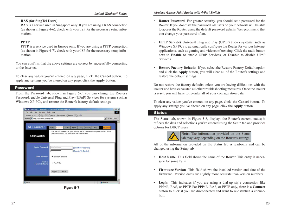 Linksys BEFW11S4 manual Password, Status 