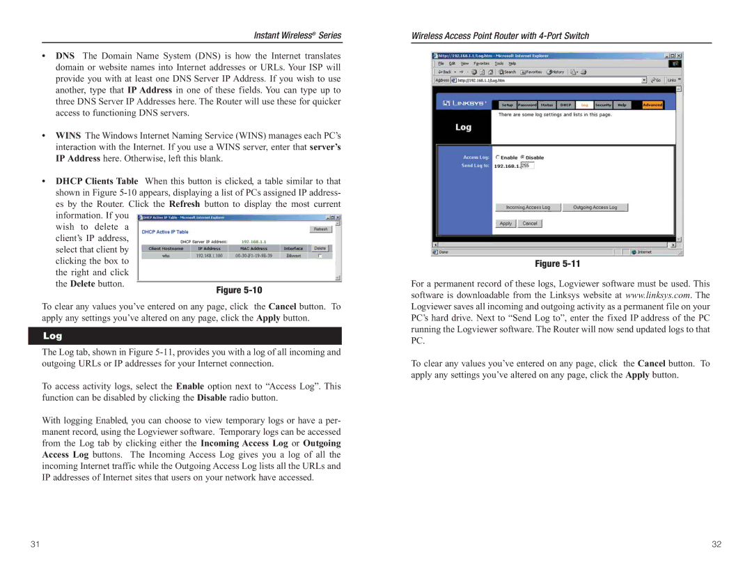 Linksys BEFW11S4 manual Log 