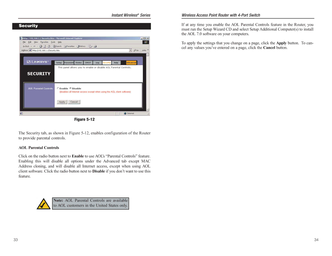 Linksys BEFW11S4 manual Security, AOL Parental Controls 