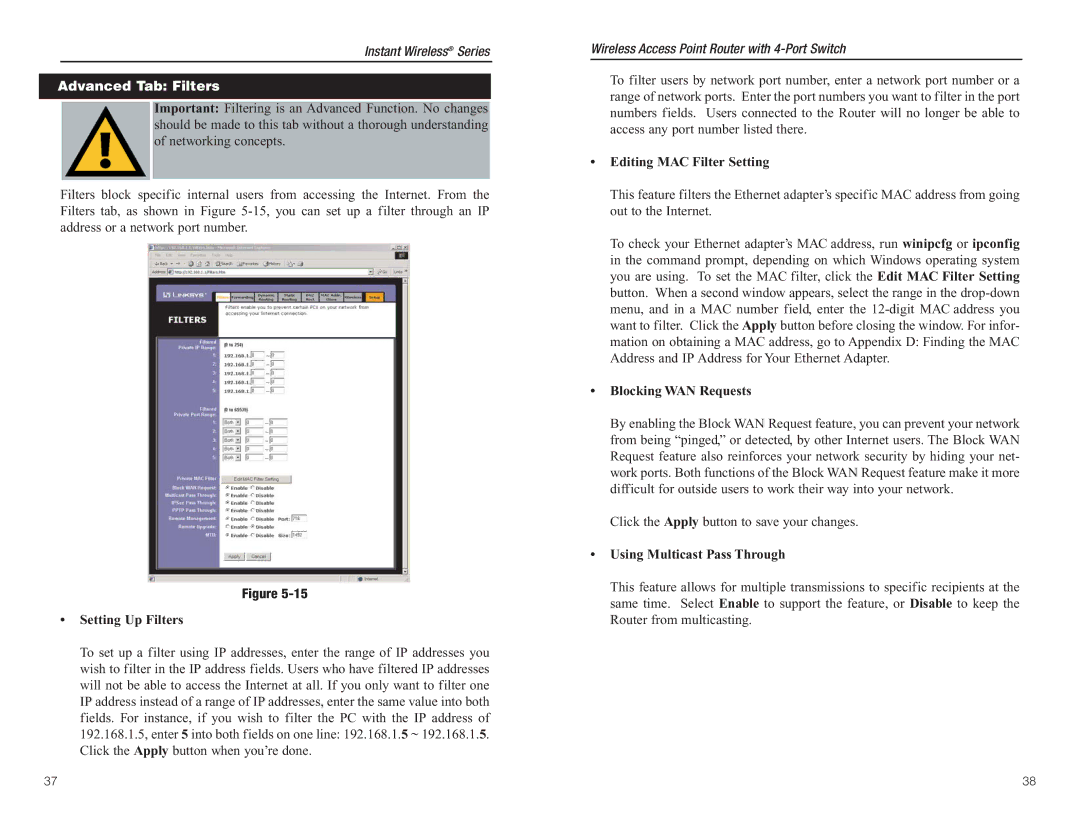 Linksys BEFW11S4 manual Advanced Tab Filters, Setting Up Filters, Editing MAC Filter Setting, Blocking WAN Requests 