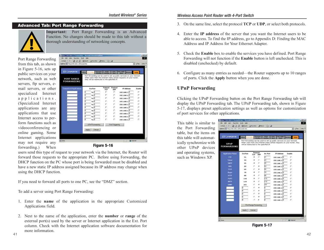 Linksys BEFW11S4 manual UPnP Forwarding, Advanced Tab Port Range Forwarding 