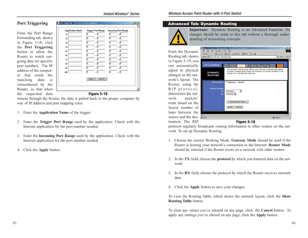 Linksys BEFW11S4 manual Port Triggering, Advanced Tab Dynamic Routing 