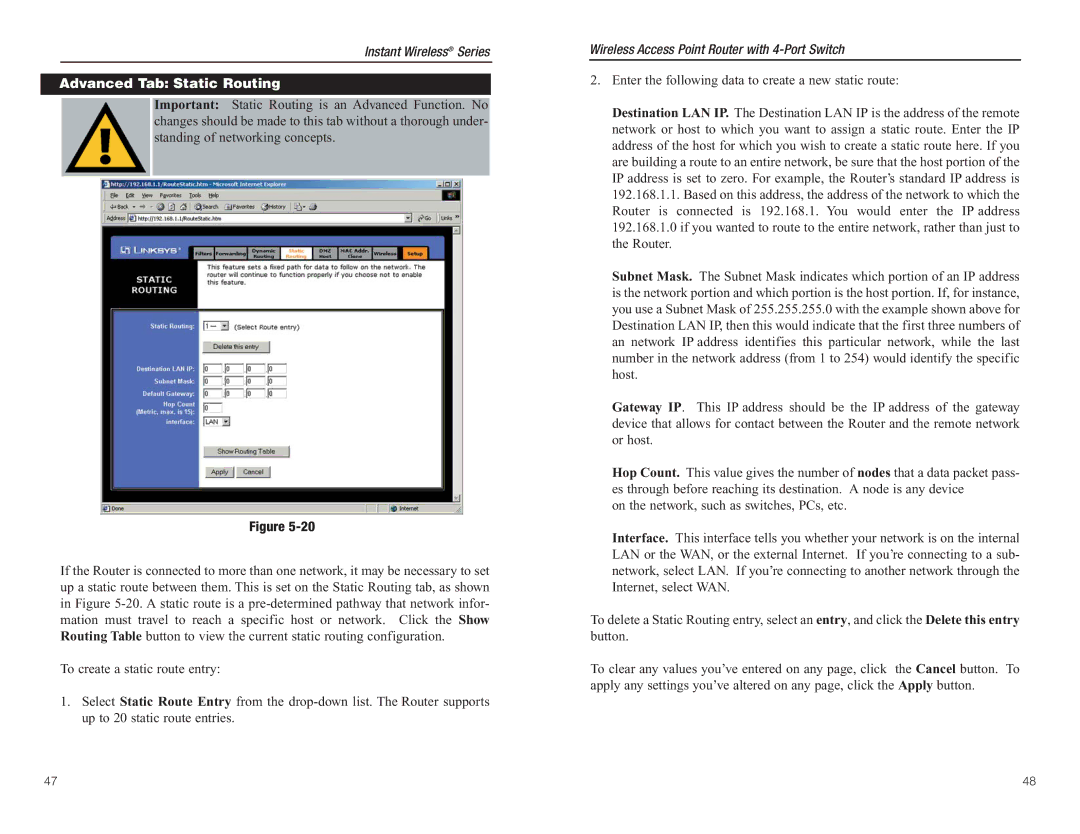 Linksys BEFW11S4 manual Advanced Tab Static Routing 