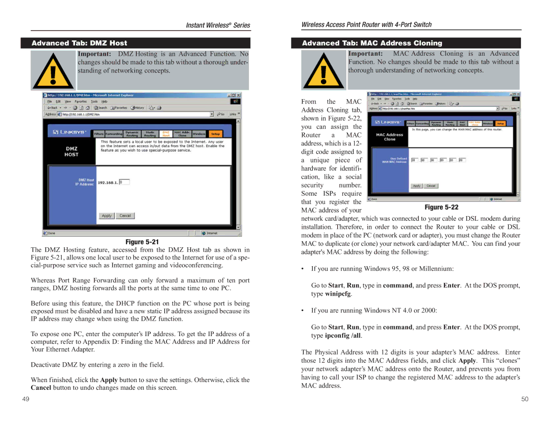 Linksys BEFW11S4 manual Advanced Tab DMZ Host, Advanced Tab MAC Address Cloning 