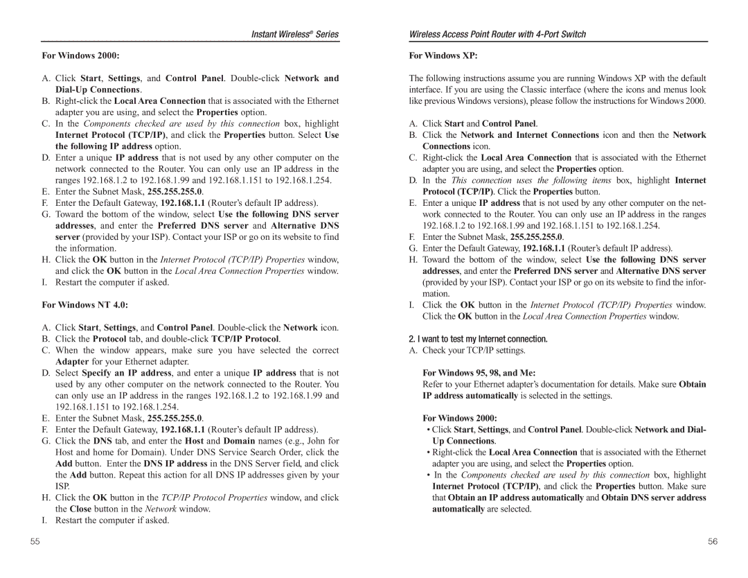 Linksys BEFW11S4 manual For Windows NT, For Windows XP, Want to test my Internet connection, For Windows 95, 98, and Me 