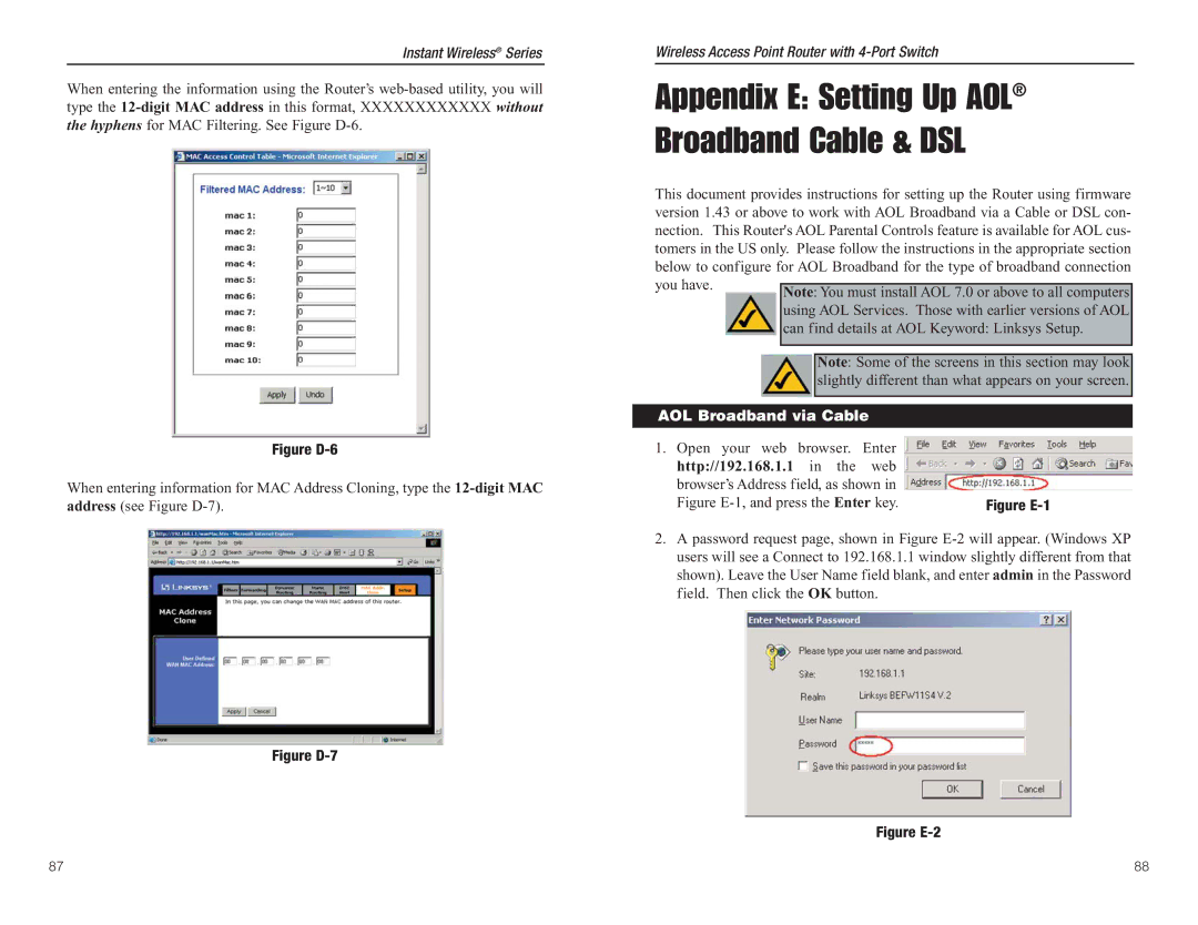 Linksys BEFW11S4 manual Figure D-6, Http//192.168.1.1 in the web 