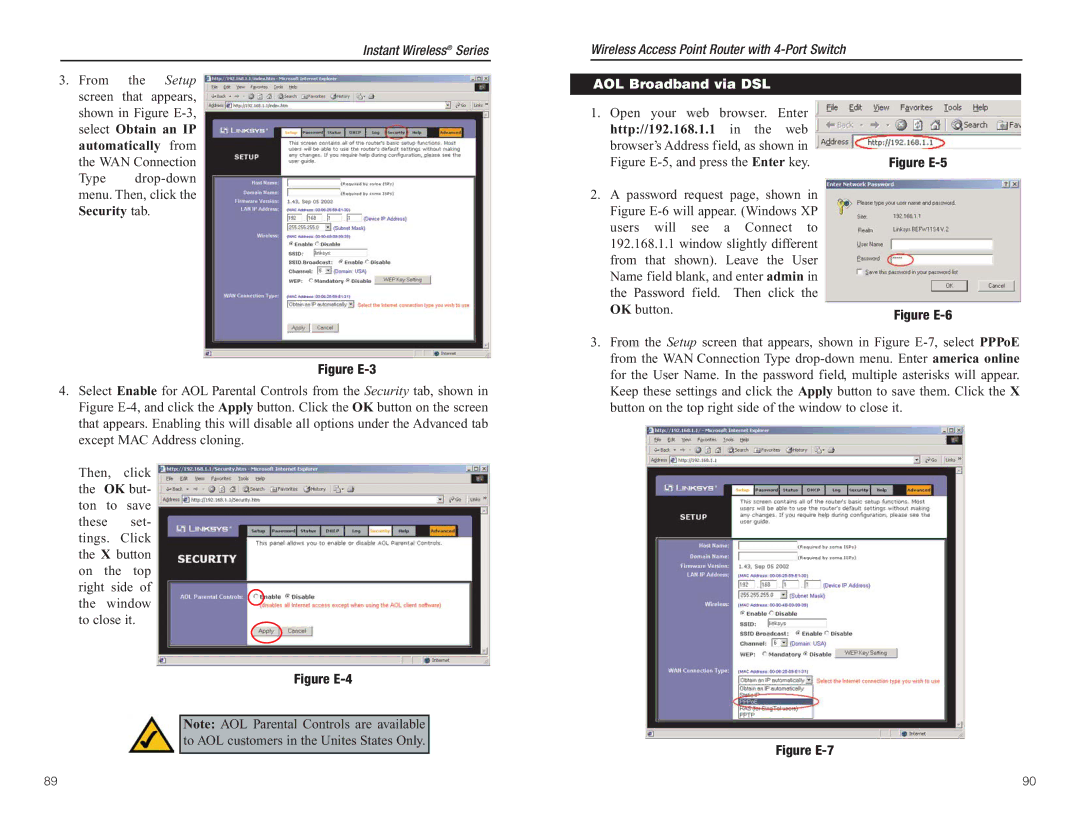 Linksys BEFW11S4 manual Figure E-3, AOL Broadband via DSL 