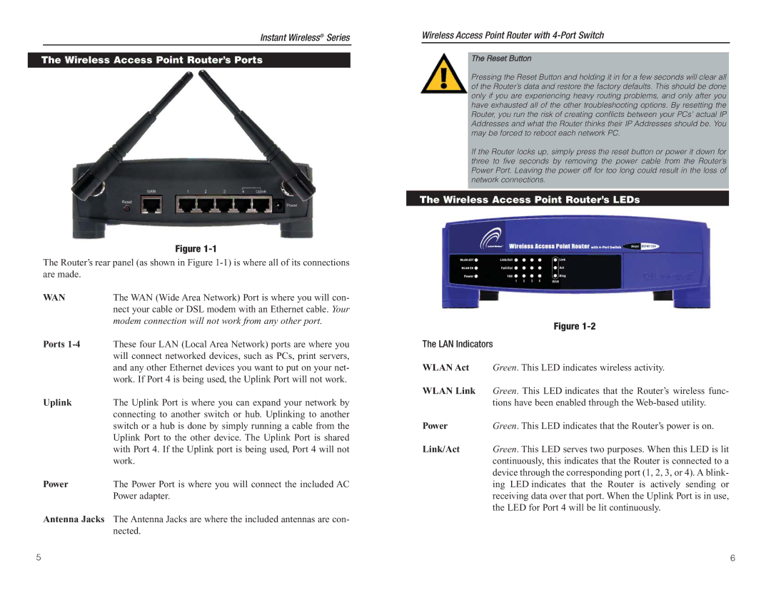 Linksys BEFW11S4 manual Wireless Access Point Router’s Ports, Uplink, Power, Wireless Access Point Router’s LEDs 