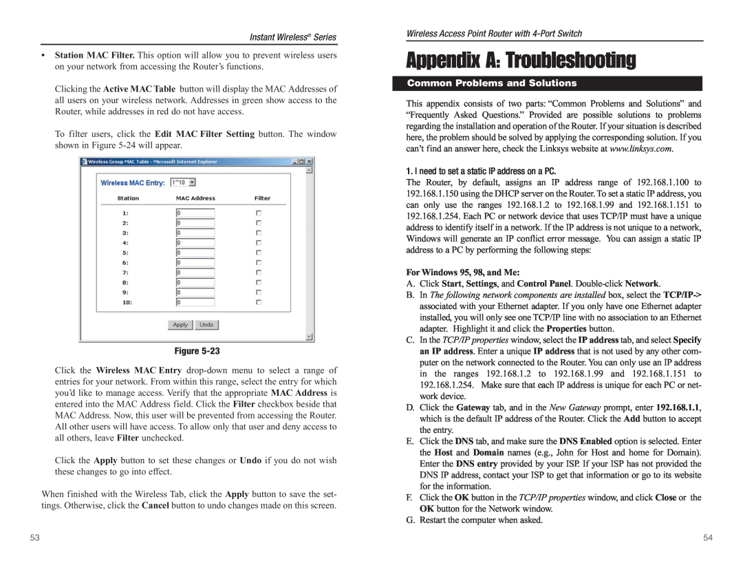 Linksys BEFW11S4 manual Appendix A Troubleshooting, Common Problems and Solutions, For Windows 95, 98, and Me 