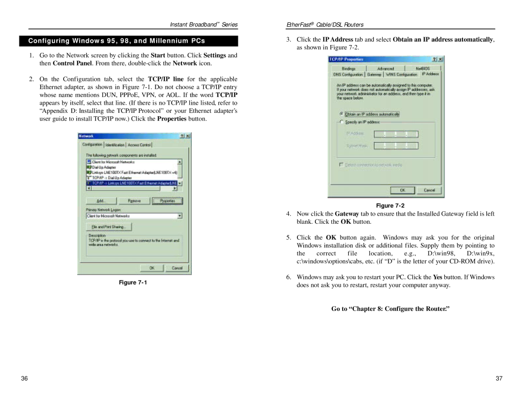 Linksys BEPSR31, BEPSR41, BEPSR11 manual Configuring Windows 95, 98, and Millennium PCs, Go to Configure the Router 