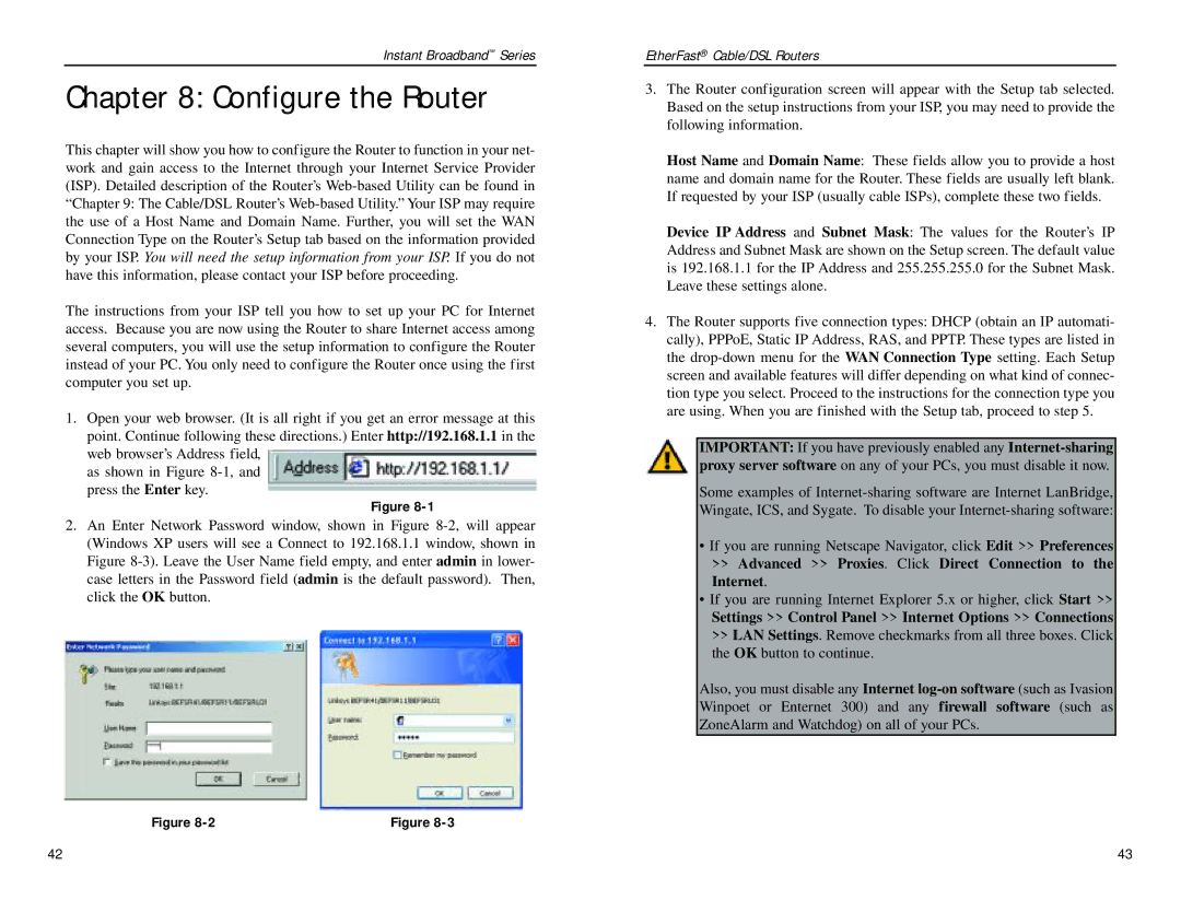 Linksys BEPSR31, BEPSR41, BEPSR11 manual Configure the Router, Advanced Proxies. Click Direct Connection to the Internet 