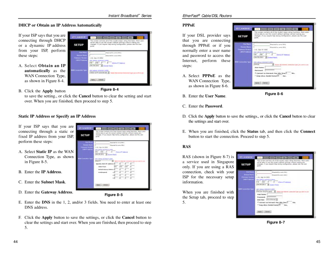 Linksys BEPSR11, BEPSR41 Dhcp or Obtain an IP Address Automatically, PPPoE, Static IP Address or Specify an IP Address 