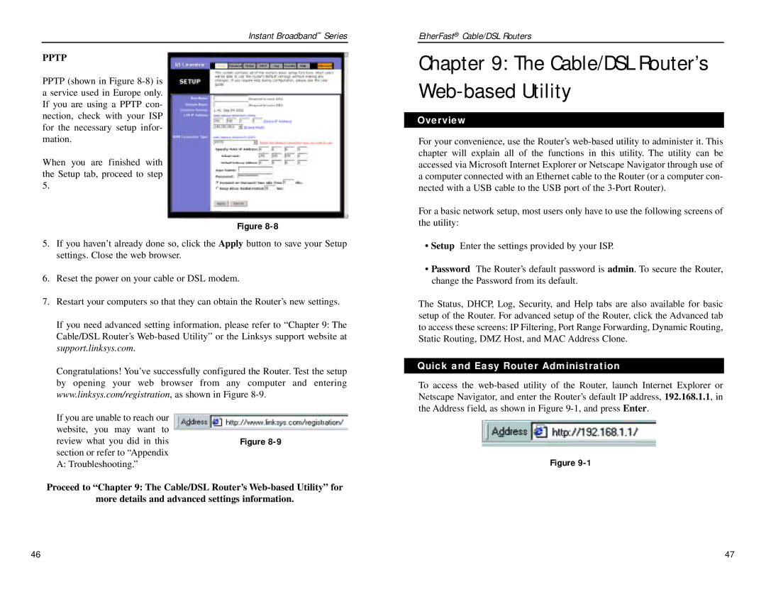 Linksys BEPSR41, BEPSR31, BEPSR11 manual Cable/DSL Router’s Web-based Utility, Quick and Easy Router Administration 