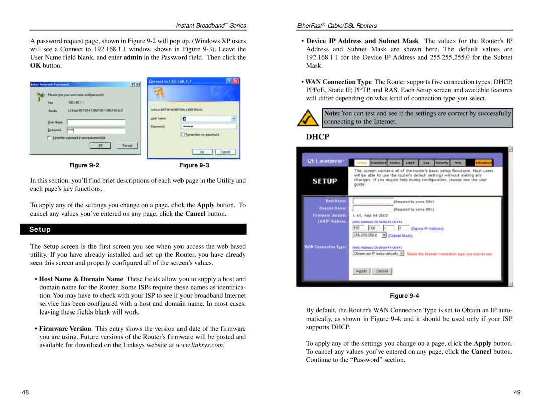 Linksys BEPSR31, BEPSR41, BEPSR11 manual Dhcp, Setup 