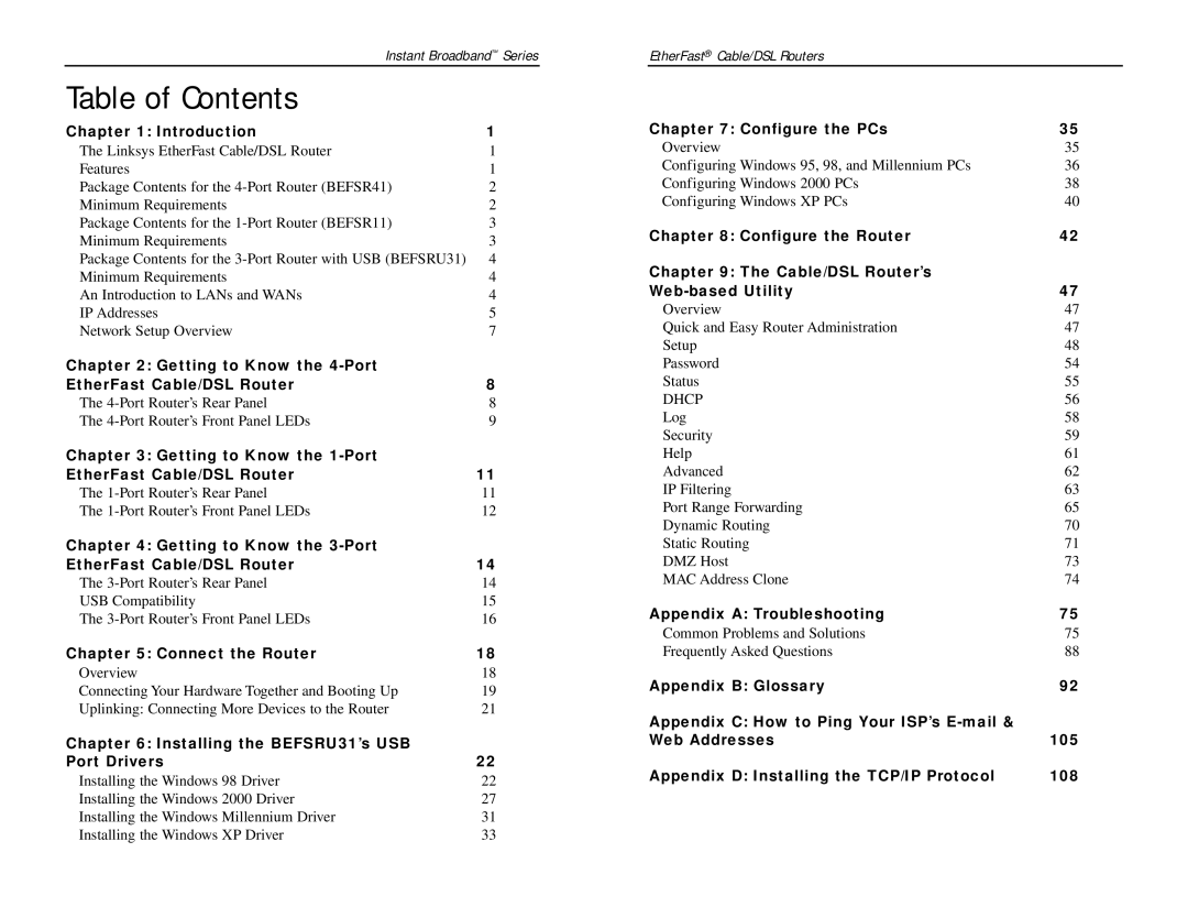 Linksys BEPSR41, BEPSR31, BEPSR11 manual Table of Contents 