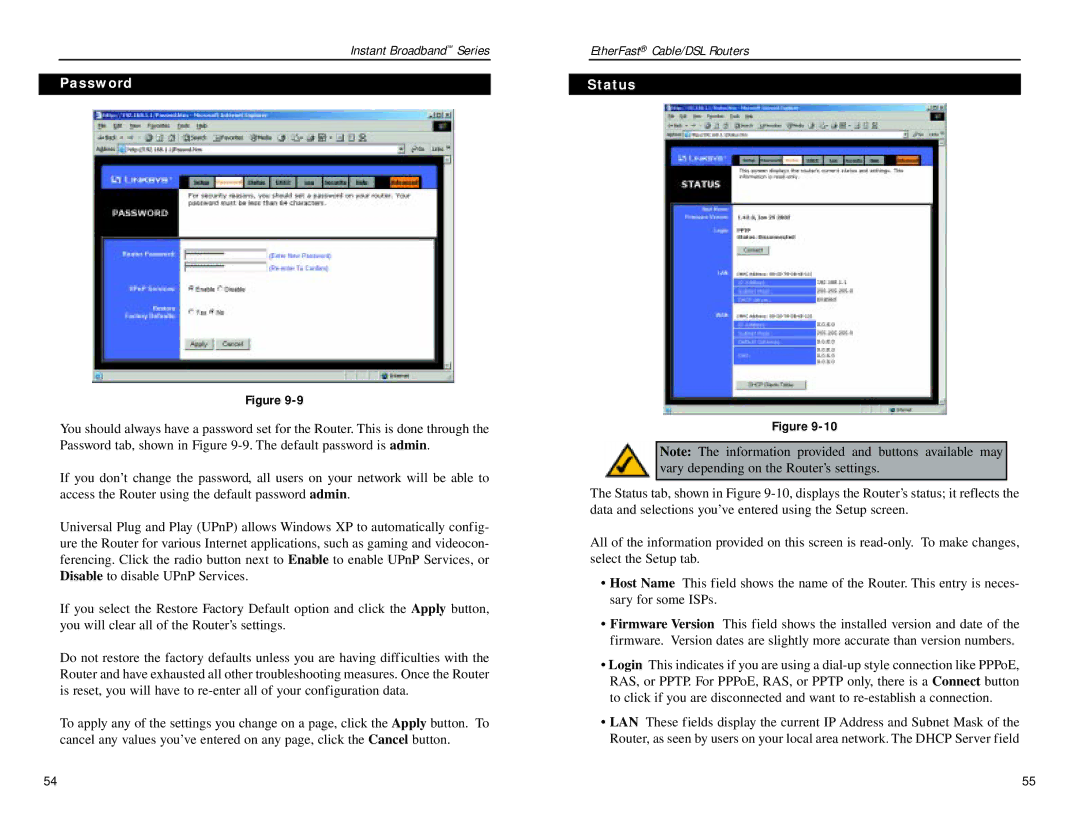 Linksys BEPSR31, BEPSR41, BEPSR11 manual Password, Status 