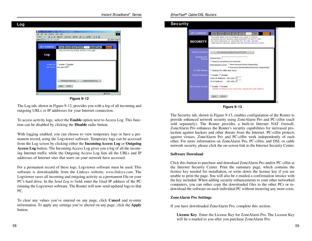 Linksys BEPSR41, BEPSR31, BEPSR11 manual Log, Security, Software Download, ZoneAlarm Pro Settings 